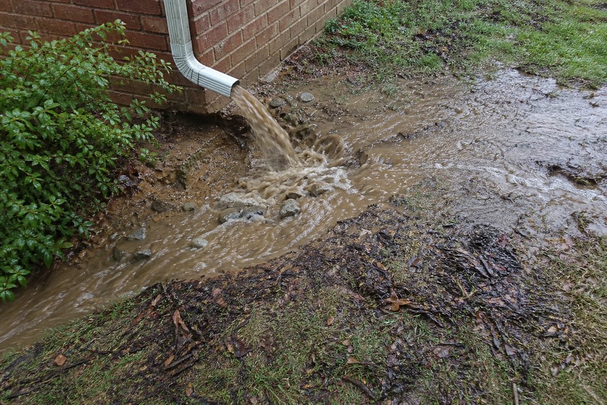 Downspout discharging storm runoff against a brick foundation, eroding the soil at the base of the wall