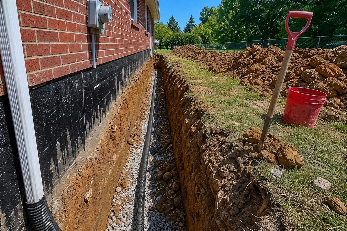 Open exterior french drain trench alongside a house foundation, with perforated pipe bedded in crushed stone