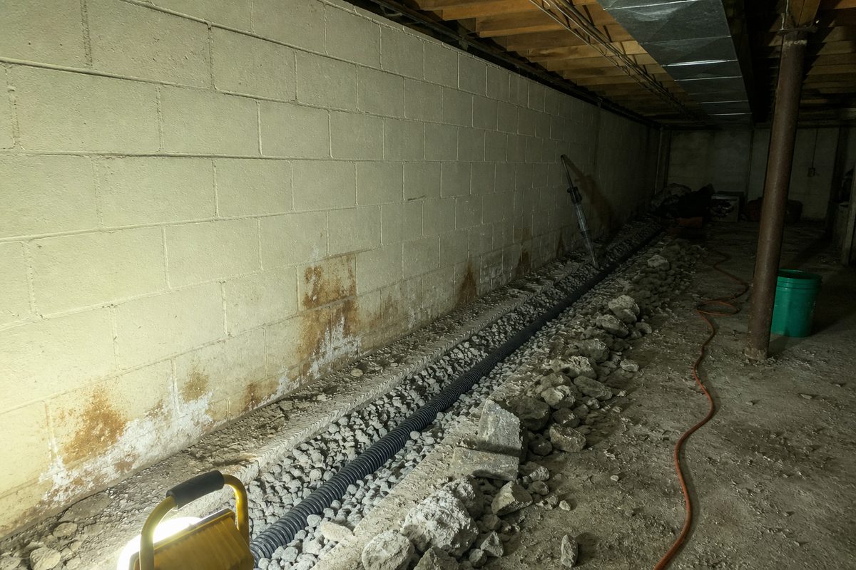 Interior perimeter french drain channel cut into a basement slab, with drain pipe and gravel along the block wall